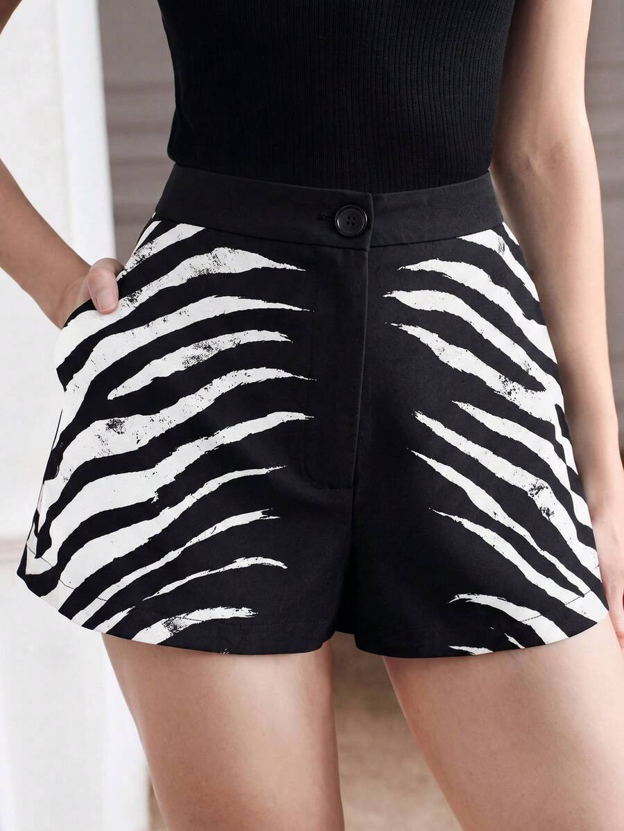 Aveloria Modichic Summer Black And White Checkered Contrast Zebra Print Placed Print Elegant Punk... | SHEIN