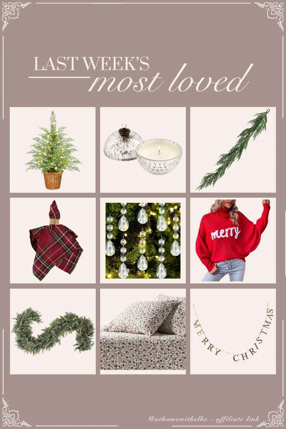 Last week’s most loved finds 🤎
A cozy mix of vintage-inspired details, timeless neutrals, and festive touches for the holiday season. From the faux pine garland, merry Christmas banner decor, holiday candles and Christmas bedding- perfect accents for a cozy season at home.

Tap to shop the top picks before they sell out!

#athomewithelke #ltkhome #homedecorfinds #vintagemodernstyle #holidayhome #CozyHomeDecor #AmazonFinds #TargetFinds #WalmartFinds #christmasdecor #VintageHomeDecor #SeasonalDecor #HomeStyling

#LTKSaleAlert #LTKHoliday #LTKHome