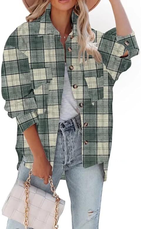 LEEDYA Womens Flannel Plaid Shacket Jacket Lapel Button Down Shirts Casual Long Sleeve Coats | Amazon (US)