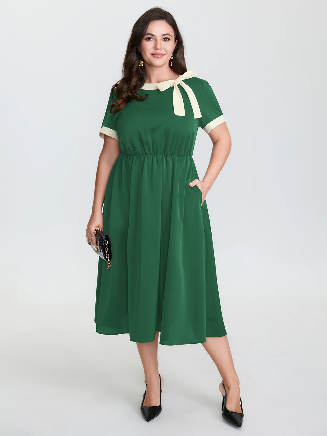 Bow Neckline Stretchy Waist Midi Dress | Bloomchic