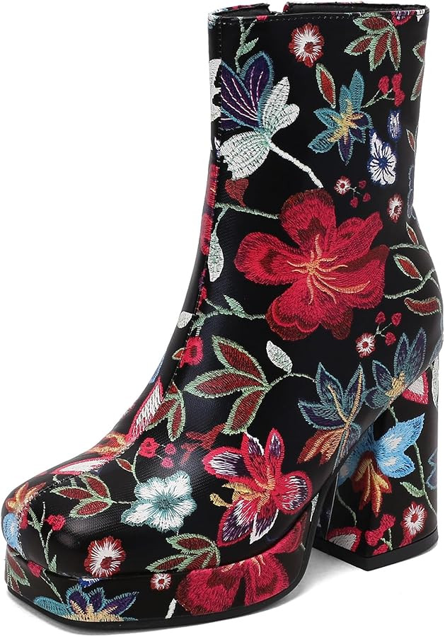 YUE Women Booties Square Toe Short Boots Floral Printed Ankle Boot Color Mix Platform High Heel Shoes Black Blue Yellow Size 5-13 | Amazon (US)