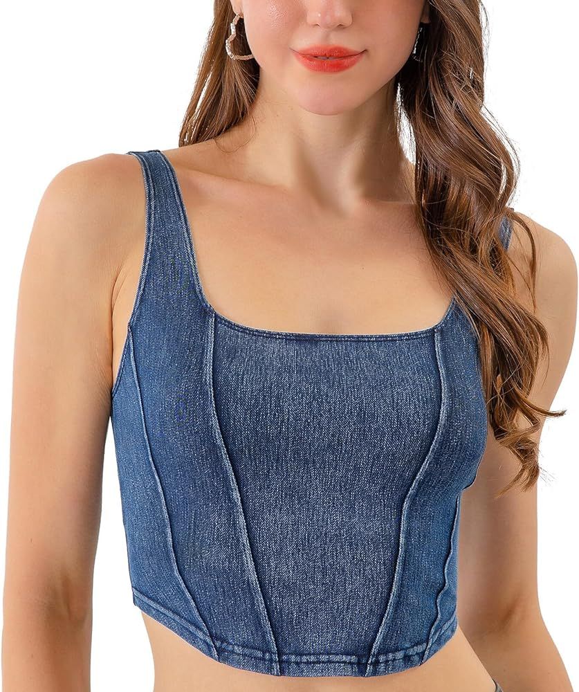 FEOYA Denim Corset Top for Women Square Neck Jean Crop Tank Tops Sleeveless Bustier Cami Cropped ... | Amazon (US)