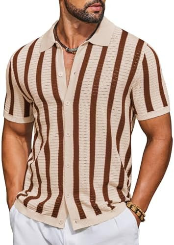 COOFANDY Men's Knit Shirts Short Sleeve Button Down Polo Shirt Striped Casual Summer Beach Shirts | Amazon (US)