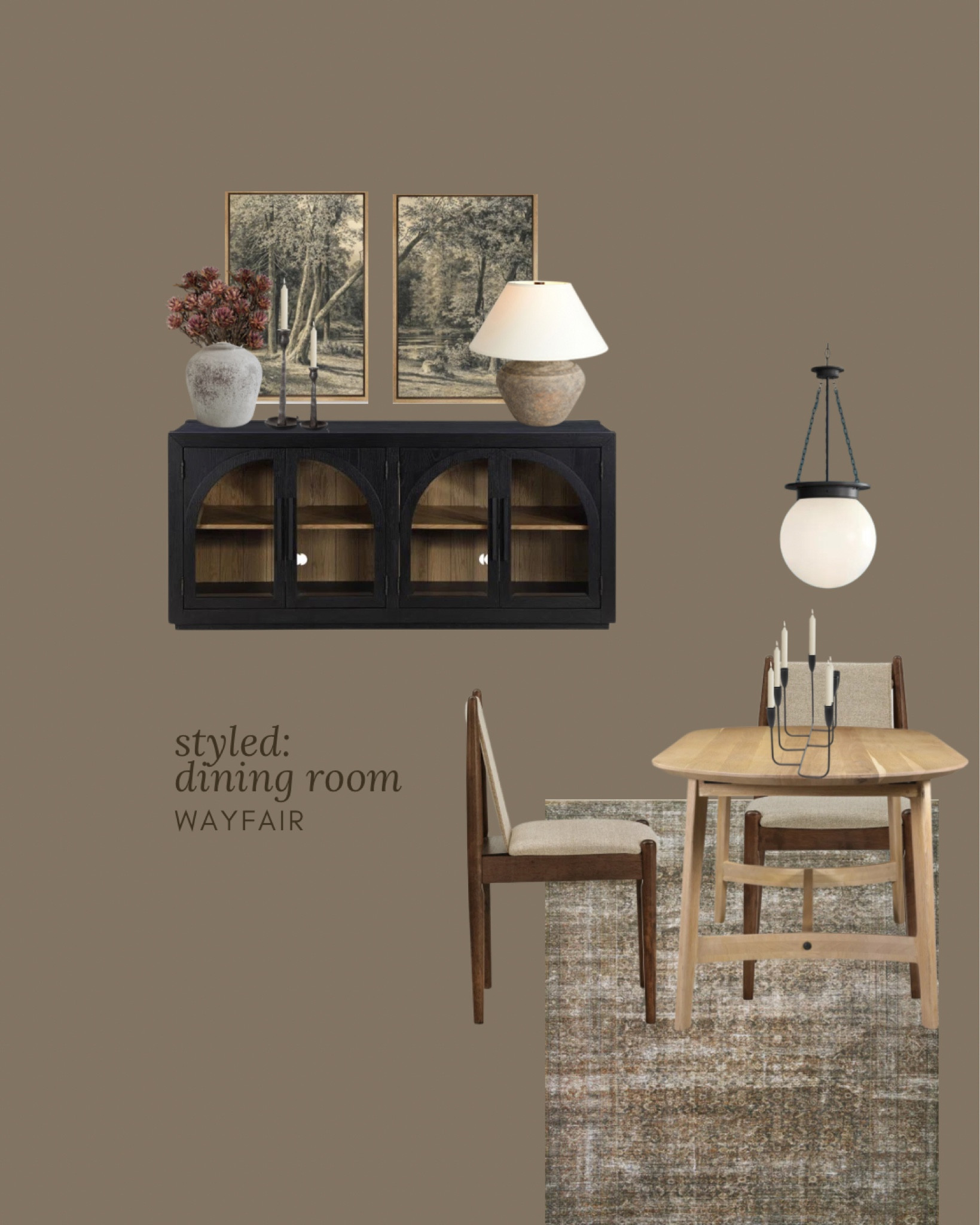 Styled dining room from Wayfair, arched double cabinets, solid, wood, dining chair, set of dining chairs, natural, wood, dining table, oval dining table, set of framed art, brown table, lamp, designer, table, lamp, candlestick holders

#LTKSaleAlert #LTKStyleTip #LTKHome
