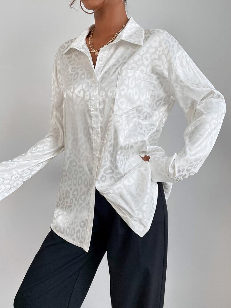 Satin Jacquard Button Up Drop Shoulder Blouse | SHEIN