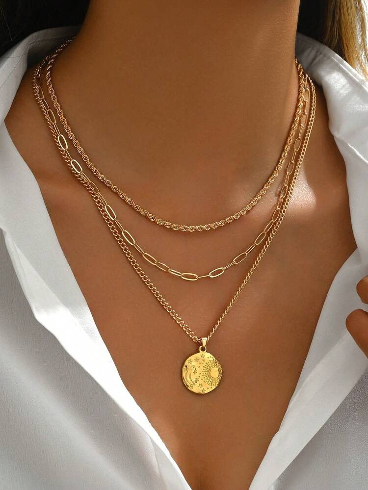 3pcs/Set Coin Pendant Necklaces, Layered Twisted Chain For Daily Wear, Jewelry For Women | SHEIN