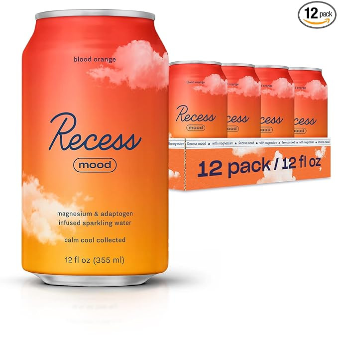 Recess Mood Magnesium & Adaptogen Drink, Relaxation Beverage, 12 ounce (Blood Orange, 12 pack) | Amazon (US)