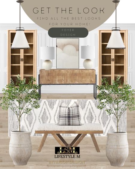 Modern farmhouse foyer design idea. Recreate the look with these home furniture and decor finds! Ceramic tree planter pot, faux fake tree, white foyer runner, white throw pillow, wood upholstered bench, wood storage cabinet, wood metal frame console table, round table lamp, wall art, foyer cone pendant light.

#LTKhome #LTKstyletip #LTKFind