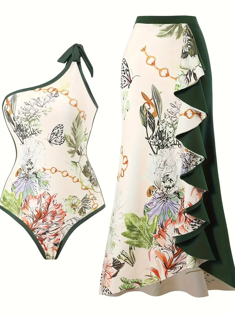 Elegant Butterfly Floral Print Swimsuits Asymmetric One - Temu | Temu Affiliate Program