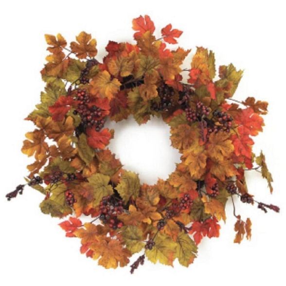 Melrose 24" Unlit Orange/Green Maple Leaf with Berries Artificial Wreath | Target