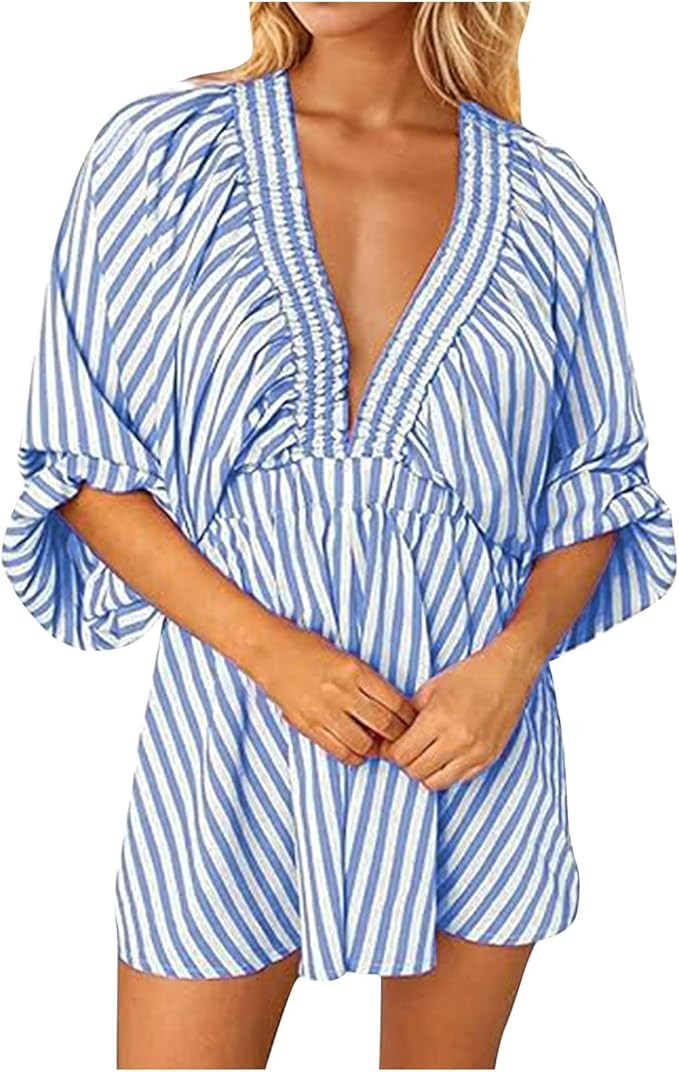 Tshirt Rompers for Women,Summer Casual Striped Puff Sleeve Rompers,Deep V Neck Loose Jumpsuit,Ela... | Amazon (US)