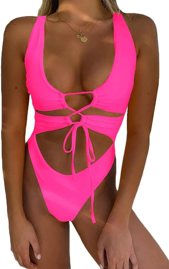 Women's Sexy Cutout Lace Up Backless High Cut One Piece Swimsuit Monokini | Amazon (US)