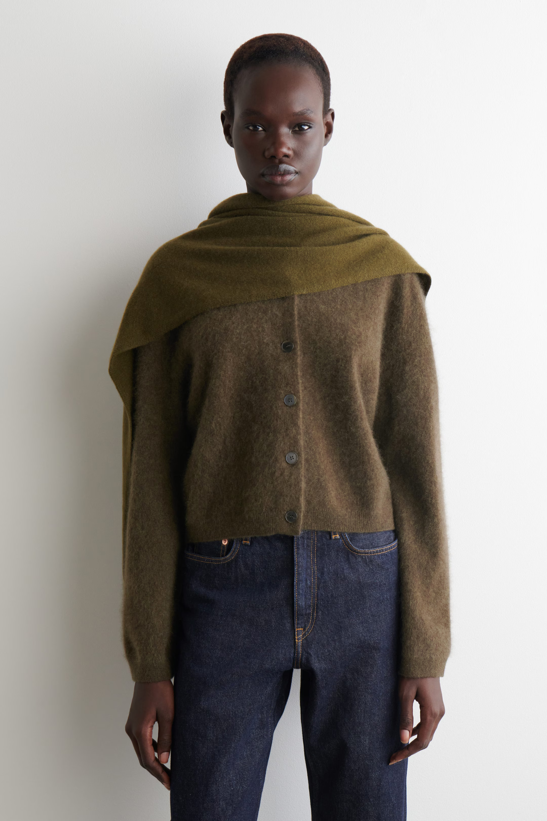 BRUSHED-CASHMERE CREW-NECK CARDIGAN - KHAKI | COS GB | COS UK