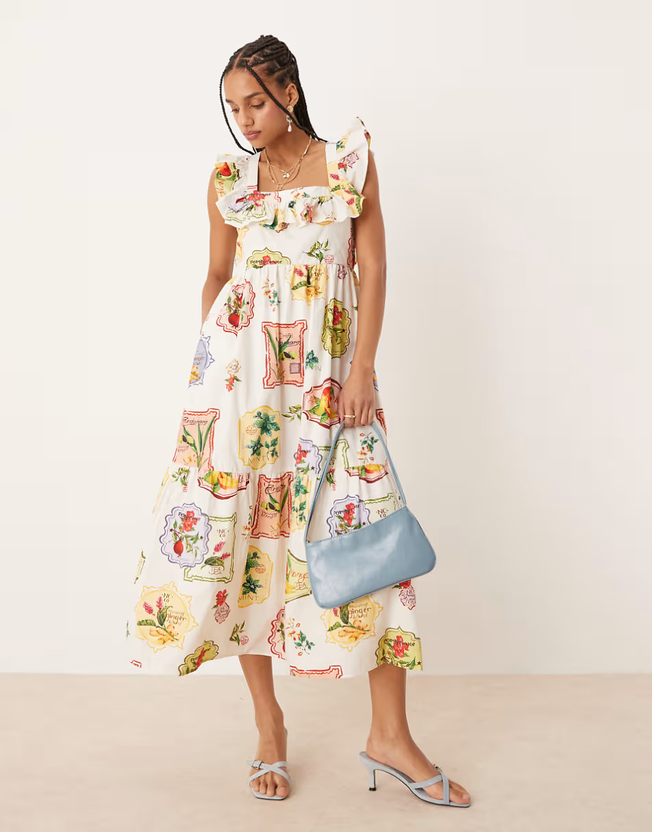 Nobody's Child Cassidy ruffle tiered midi dress in postcard fruit print | ASOS (Global)
