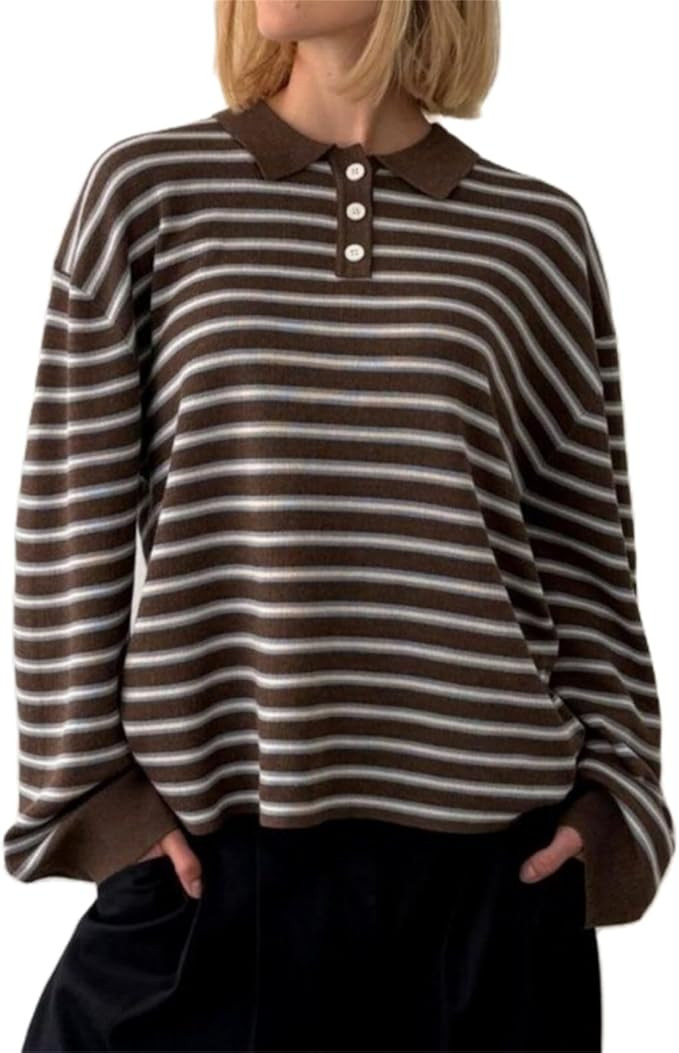 Thopavenoir Women Y2k Striped Rugby Polo Shirt Knit Vinatge Tops Long Sleeve Button Collared Neck... | Amazon (US)