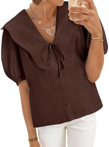 Cicy Bell Womens Peter Pan Collar Button Down Shirts Puff Short Sleeve Summer Casual Eyelet Tops ... | Amazon (US)
