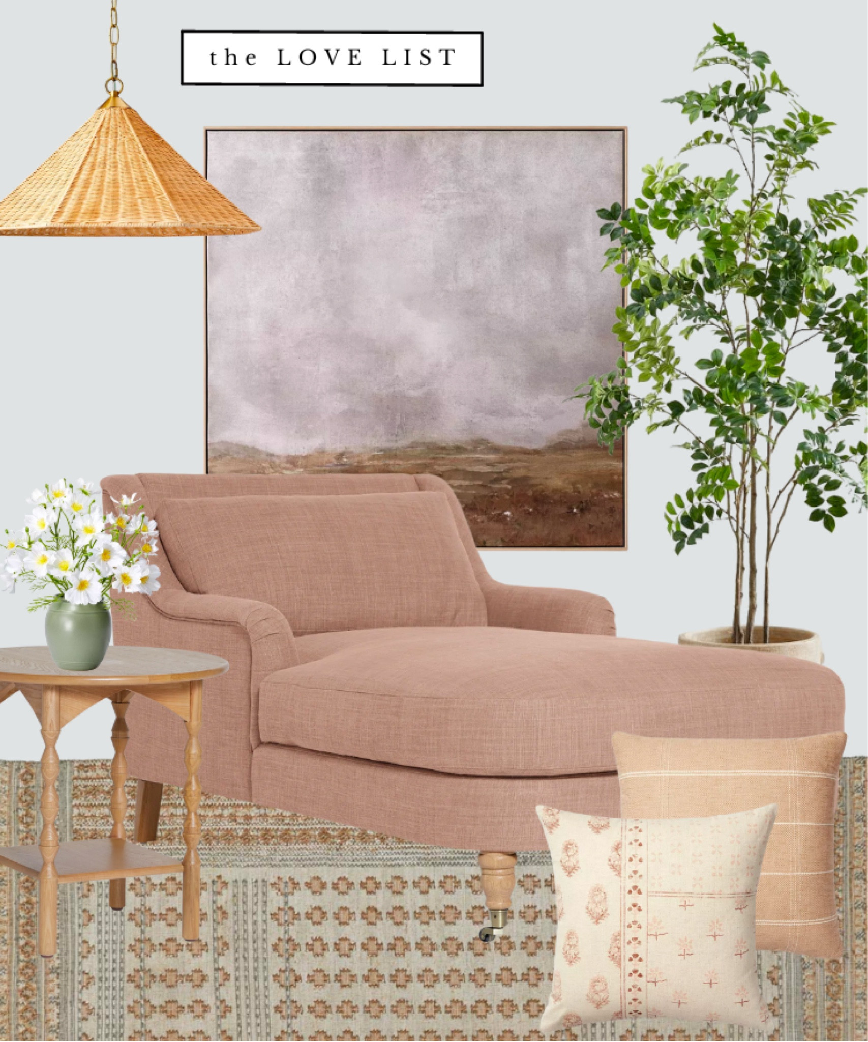 January home decor refresh with an inviting spot to sit in the living room. Features a linen chaise, faux plant, wood side table, rattan pendant, oversized art, printed pillows and a decorative rug with an English meets east coast feel. #homedecoe #livingroom #target #studiomcgee #english 

#LTKSeasonal #LTKunder50 #LTKhome