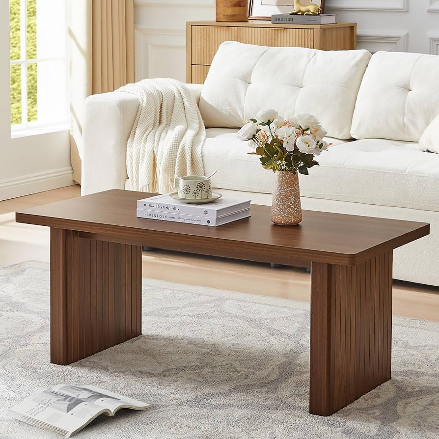 Rectangular Fluted Coffee Table, Farmhouse Wood Coffee Table Mid Century Modern Center Table Boho... | Amazon (US)