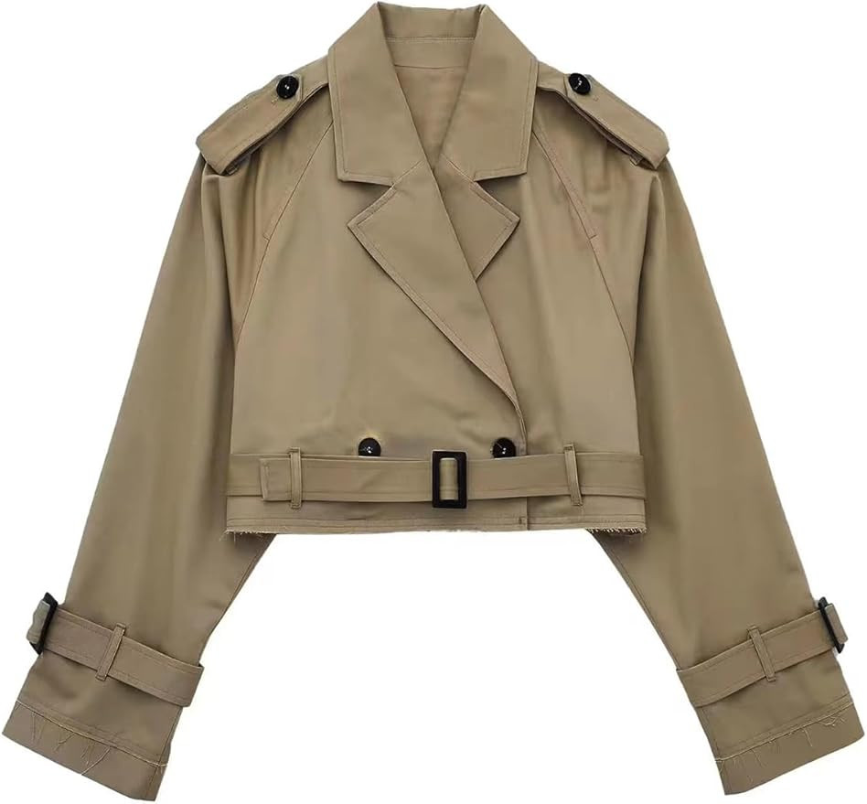Women's Cropped Jacket Lapel Long Sleeve Crop Trench Coat Loose Pea Outwear with Belt | Amazon (US)