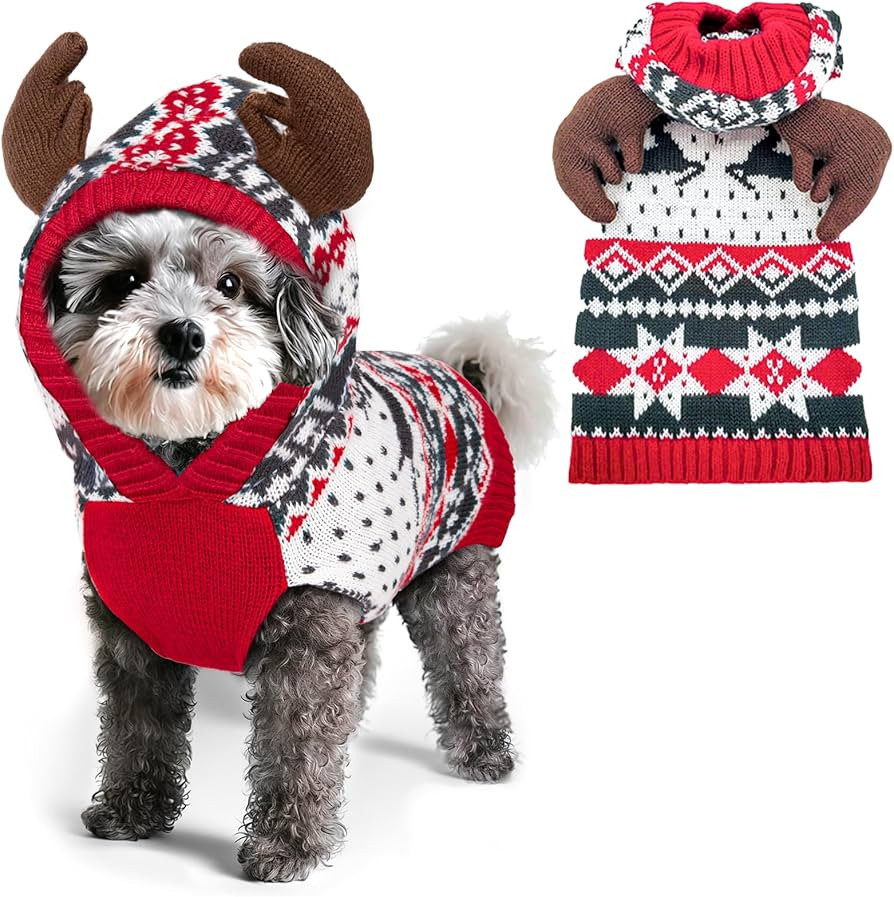 KYEESE Dog Christmas Sweater Hoodie Dog Christmas Outfit with Leash Hole Reindeer Snowflake Red D... | Amazon (US)