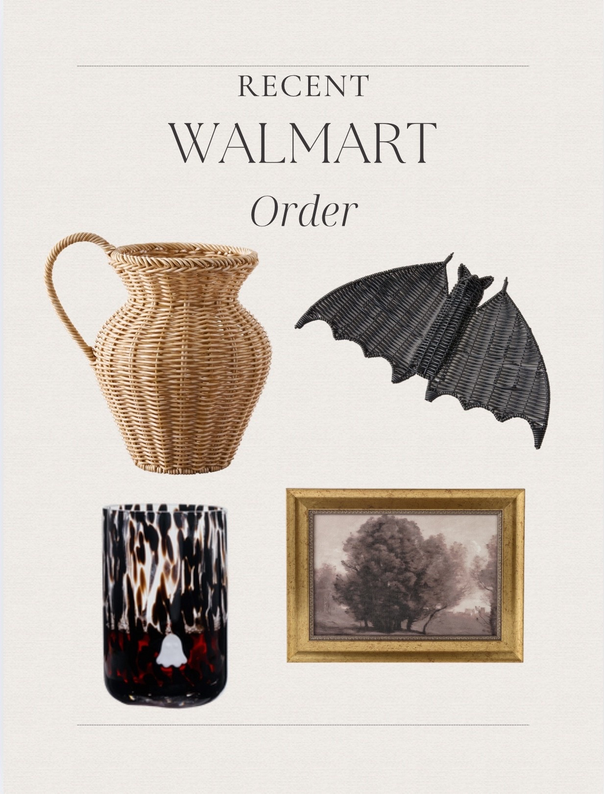 Recent Walmart order🖼️🦇👻🏺when you’re trying to be both equal parts fall and Halloween🤎🖤

Walmart order, Walmart home decor, boho home decor, Halloween home decor, wicker bats, rattan bats, icon ghost glass, icon glass, Anthropologie lookalikes, pottery barn dupes 

#LTKHome #LTKFallSale #LTKSeasonal