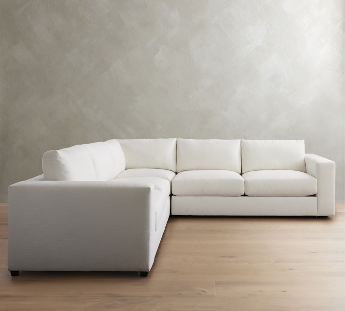 Carmel Square Arm Upholstered 3-Piece L-Shaped Corner Sectional with Bench Cushion, Down Blend Wrapped Cushions, Performance Heathered Tweed Indigo | Pottery Barn (US)