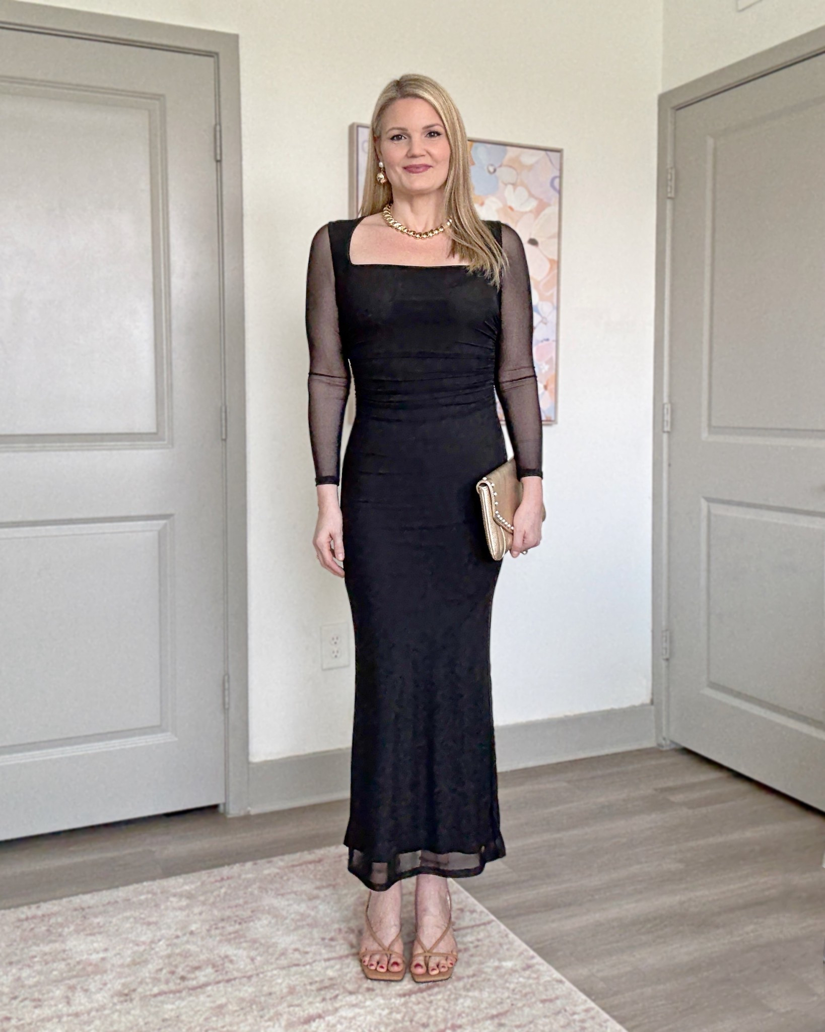 Bodycon black maxi evening dress with flattering ruching. Sheer sleeves. Wearing size small. Going out dress, wedding guest dress  

#LTKWedding #LTKFindsUnder100 #LTKootd