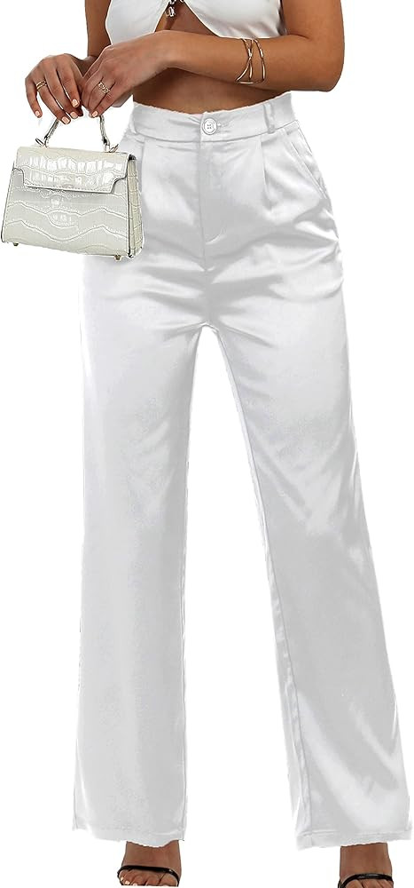 Women's Wide Leg Satin Silky Casual Dress Cocktail Party High Waist Pants | Amazon (US)