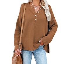 SHEWIN Women's Waffle Knit V Neck Sweater Casual Long Sleeve Side Slit Button Henley Pullover Jum... | Amazon (US)
