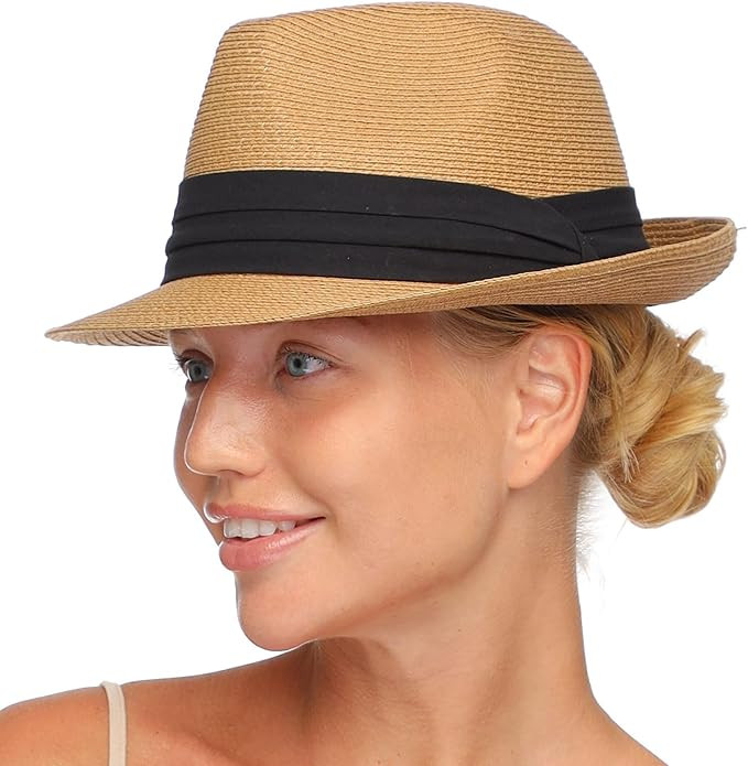 FURTALK Fedora Straw Sun Hat for Men Women Foldable Roll Up Short Brim Trilby Hat Panama Beach Ha... | Amazon (US)