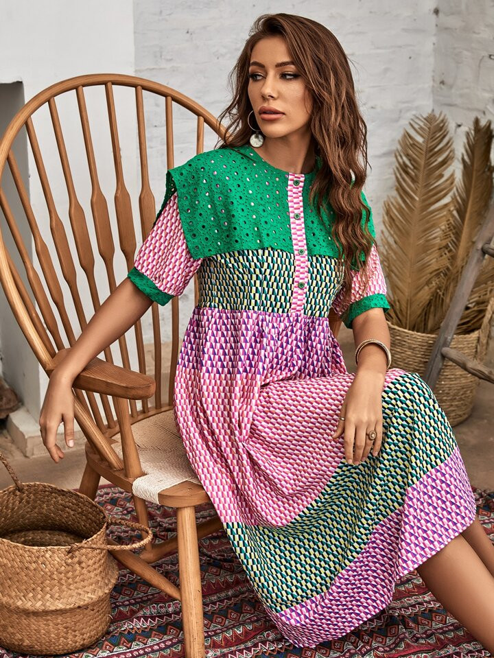 SHEIN VCAY All Over Geo Print Button Front Dress | SHEIN