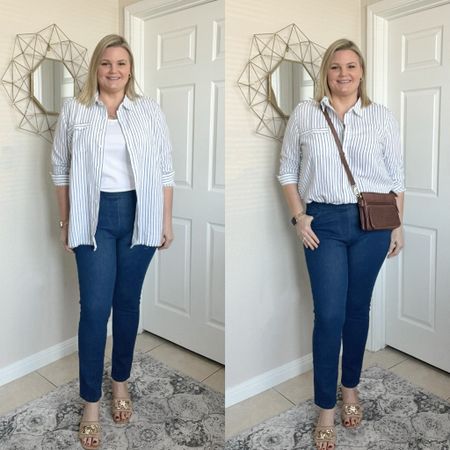Casual outfit from Coldwater Creek! Mid rise legging jeans in dark wash fit true to size, I’m in the 12. Tank fits TTS for a looser fit. I’m in the large. Button up fits a little oversized, I’m in the large. Charm necklace and leather crossbody bag  

#LTKmidsize #LTKover40 #LTKSeasonal