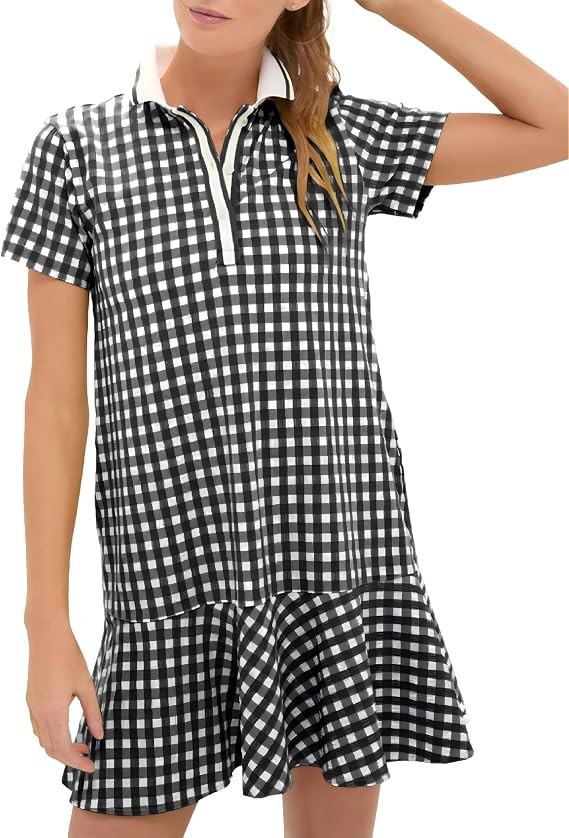 LTSCNRM Women's Gingham Polo Dress Short Sleeve V Neck Ruffle Hem Mini Dress Plaid Golf Tennis Ca... | Amazon (US)