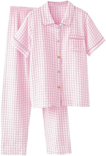 Womens Gingham Pajama Set Cotton Cute Pj Set Color Block Shirts 2 Piece Bridal Sleepwear Plaid Lo... | Amazon (US)