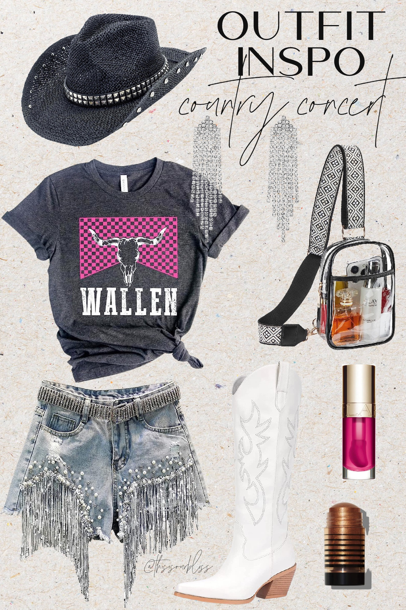 Country concert outfit idea! 🎶💗Country concert outfit inspo / Morgan Wallen concert look! 

Morgan Wallen T-shirt
rhinestone fringe denim shorts
clear stadium Crossbody purse 
Summer cowboy hat
white western boots 

#LTKsalealert #LTKunder50 #LTKFind

#LTKShoeCrush #LTKSaleAlert #LTKFindsUnder50