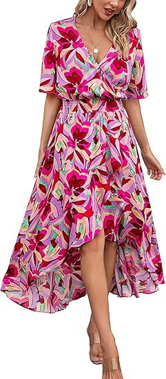 Kormei Womens Short Sleeve Floral High Low V-Neck Flowy Party Long Maxi Dress | Amazon (US)