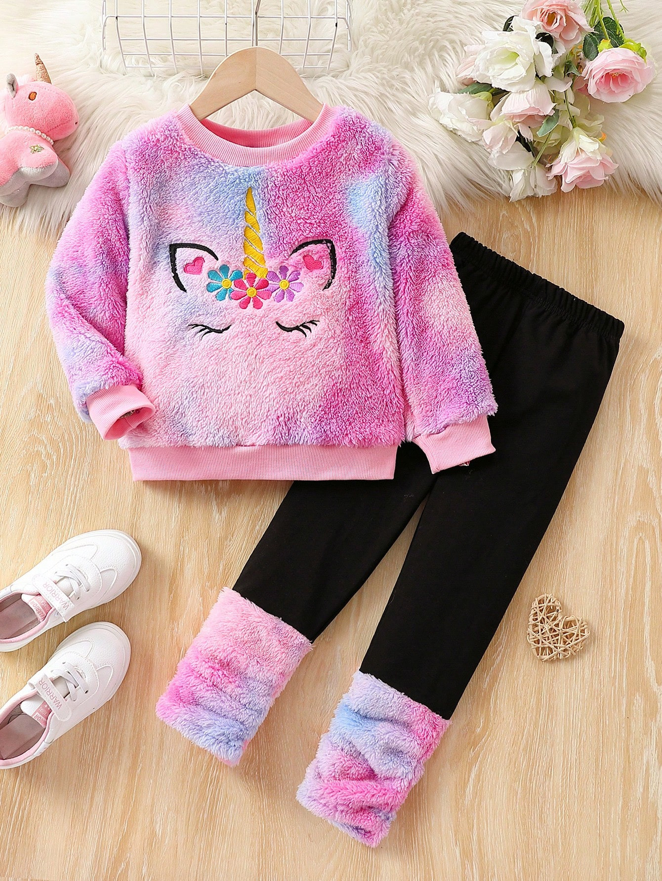 Trends2pcs Autumn Winter Young Girl 4-7Y Embroidered Unicorn Tie Dye Fluffy Top & Fluffy Pants Ca... | SHEIN