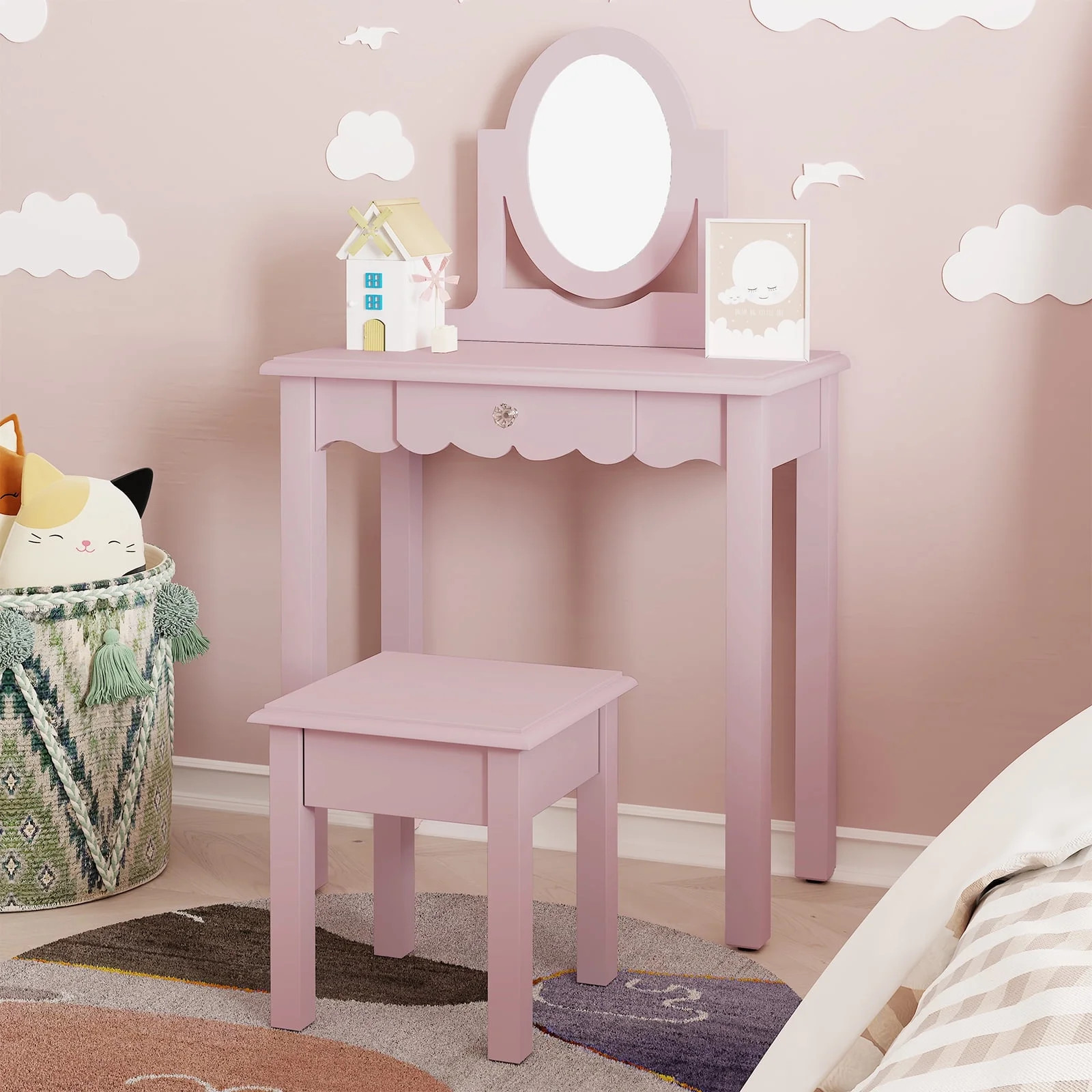 HLR Kids Vanity, 2 in 1 Princess Makeup Desk & Chair Set with  Detachable Mirror, Drawer, Wooden ... | Walmart (US)