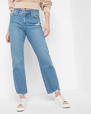 Mid Rise Medium Wash Raw Hem 90s Ankle Boot Jeans | Express