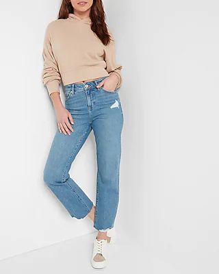 Mid Rise Medium Wash Raw Hem 90s Ankle Boot Jeans | Express