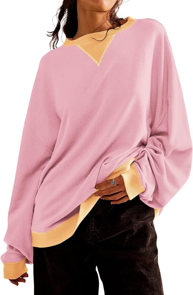 Fisoew Womens Color Block Crew Neck Sweatshirt Oversized Long Sleeve Shirt Casual Pullover Top Y2... | Amazon (US)