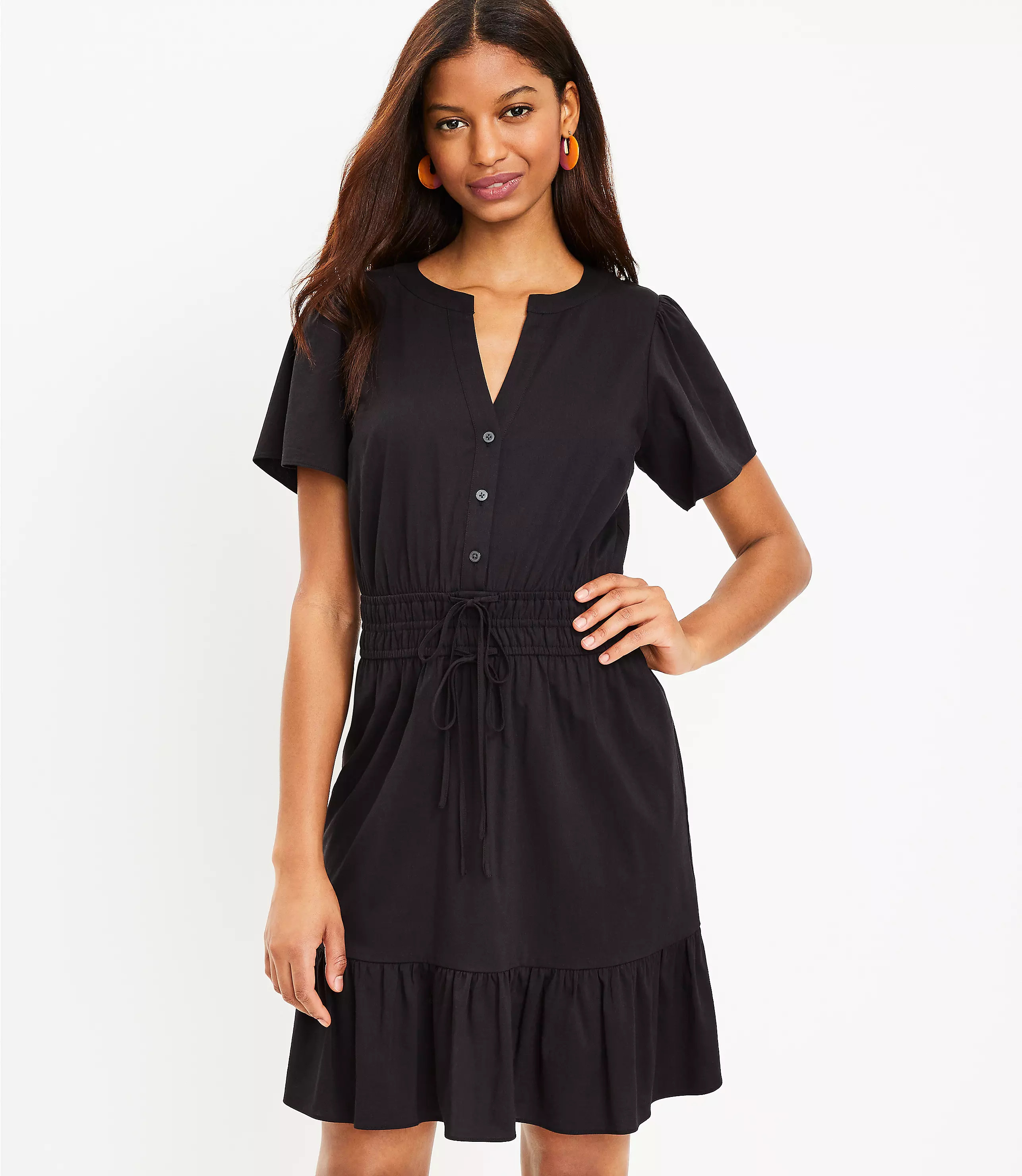 Petite Smocked Tie Waist Flounce Dress | LOFT