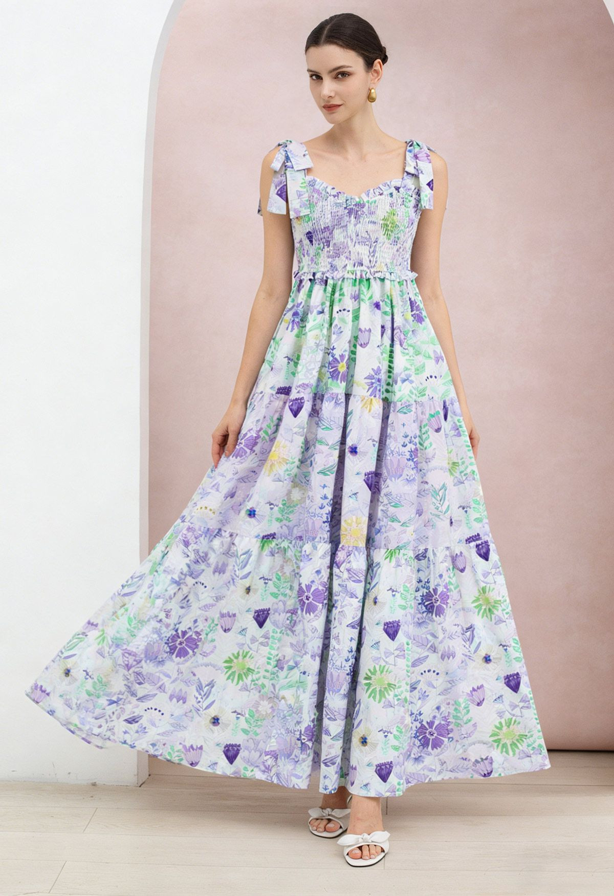 Fresh Floral Shirred Tie-Strap Maxi Dress in Purple for Beach Vacation & Garden Parties | Chicwish