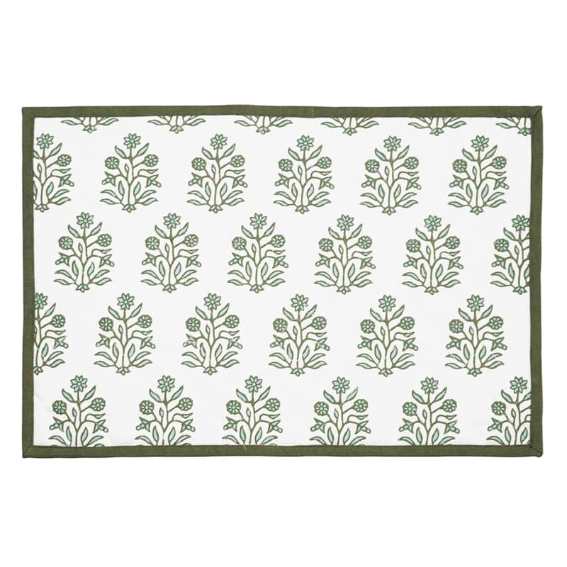 Set of 4 Green Flower Block Print Placemats, 13x19 | At Home