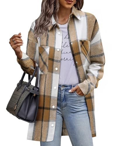 HOTOUCH Plaid Jackets for Women Flannel Boyfriend Long Sleeve Tartan Coat Casual Daily Overcoats with Pockets Brown S | Amazon (US)