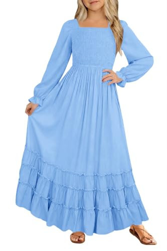 HOSIKA Girls Fall Dress Boho Ruffle Tiered Swing Flowy Casual Maxi Dress | Amazon (US)