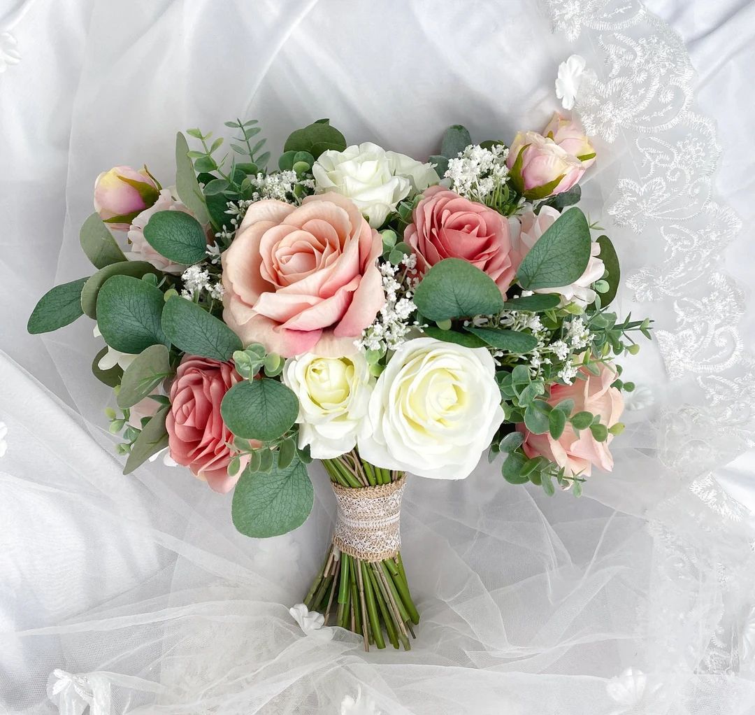Wedding bouquet ,dusty rose,blush pink white cream 、rose ,eucalyptus bouquet ,boho bouquets , b... | Etsy (US)