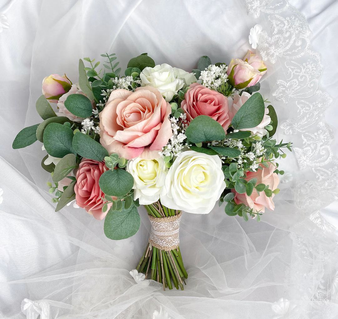 Wedding bouquet ,dusty rose,blush pink white cream 、rose ,eucalyptus bouquet ,boho bouquets , b... | Etsy (US)