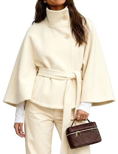 Hooever Women Batwing Sleeve Ponchos Pea Coat Wool Bland Stand Collar Jacket Winter Cropped Overcoat(Beige-S) | Amazon (US)