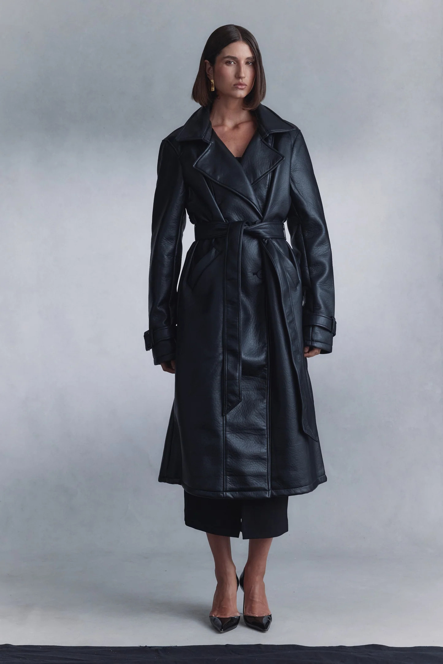 Tarah Faux Leather Trench Coat - Black | Meshki (APAC)